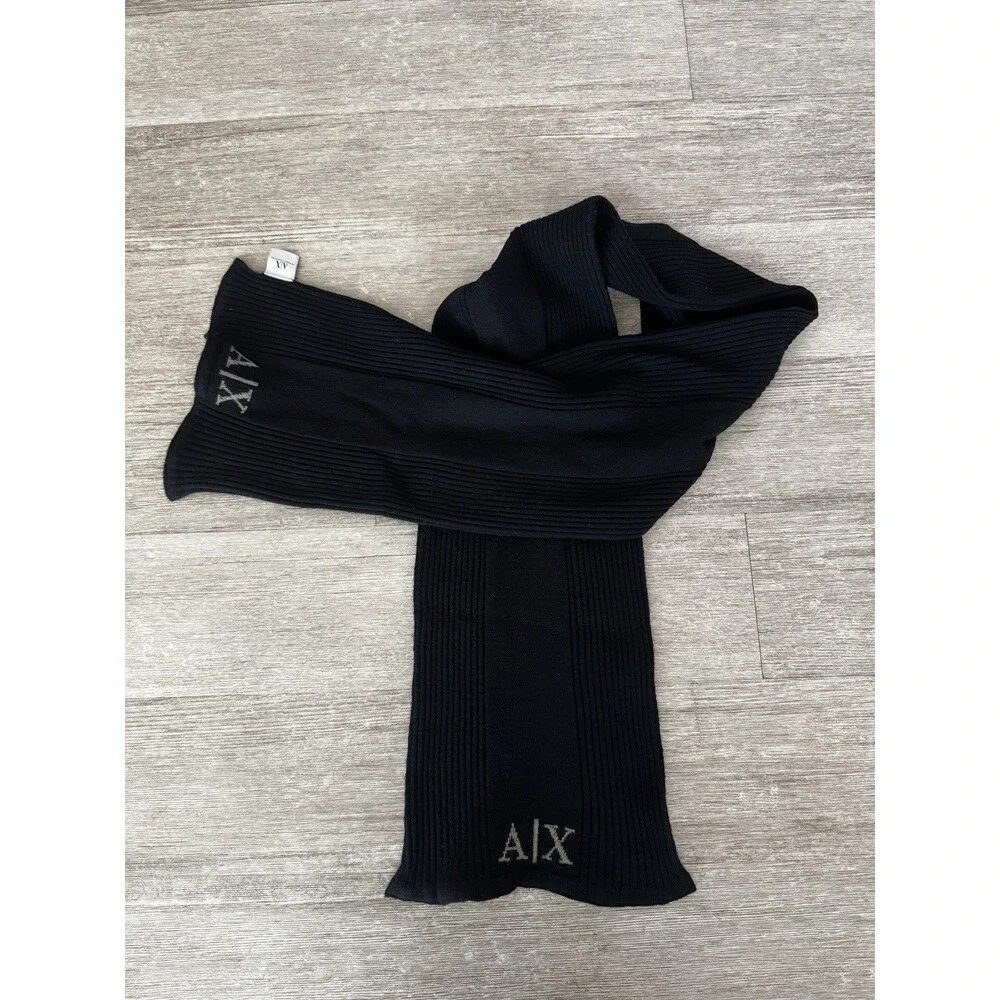 Vintage Armani Exchange Men’s Ribbed Scarf Black 100% Merino Wool 61